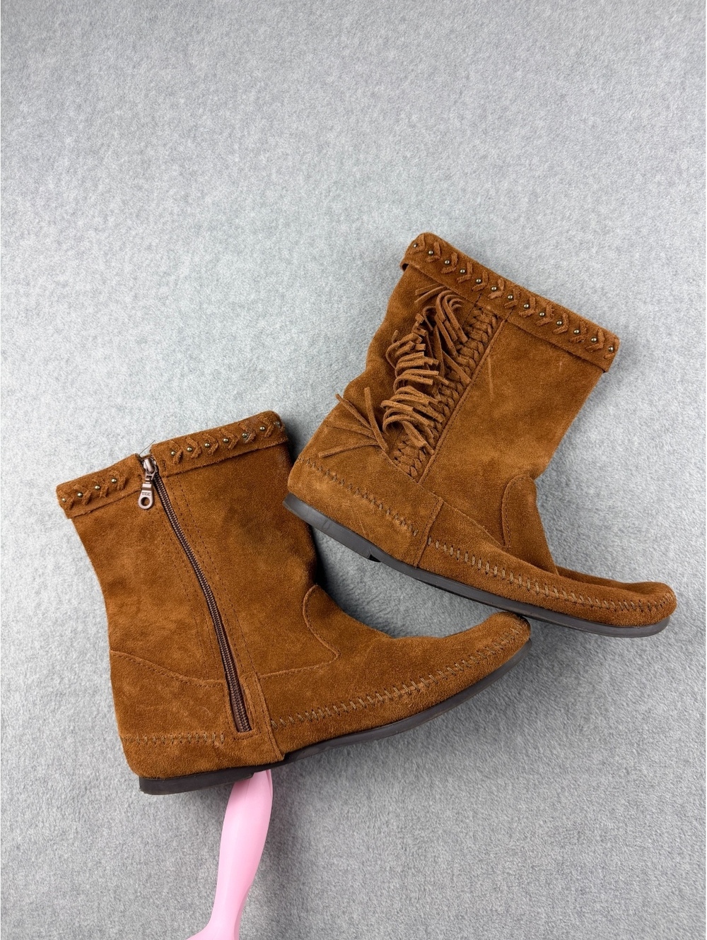 Minnetonka Womens 11 Brown Suede Fringe Moccasin Boots Studded Western